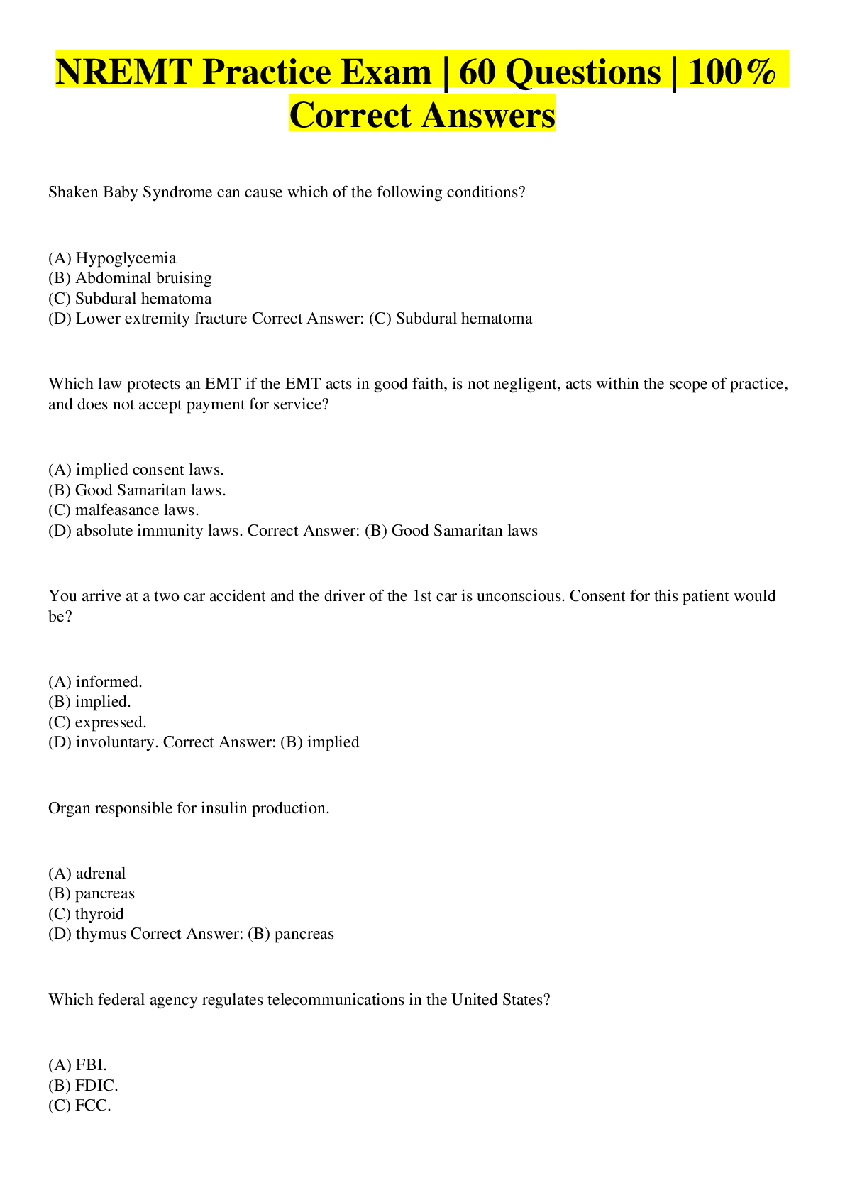 NREMT Practice Exam 60 Questions 100 Correct Answers Browsegrades